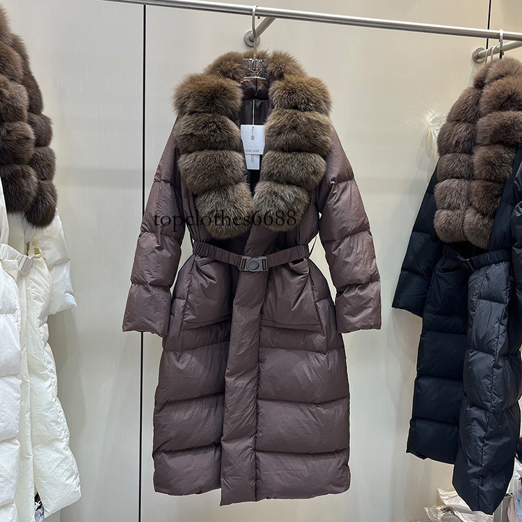 European Collection 2026 Winter New Women's Long Down Coat with Natural Fox Fur Collar, Over-the-Knee, Waist-Cinched, Thickened and Warm