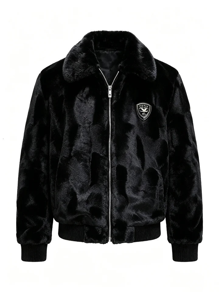 Men's Black Faux Mink Fur Baseball Jacket With Large Collar Trendy Badge Decor Short Zip Up Coat Thick Smooth Plush Fabr 261012