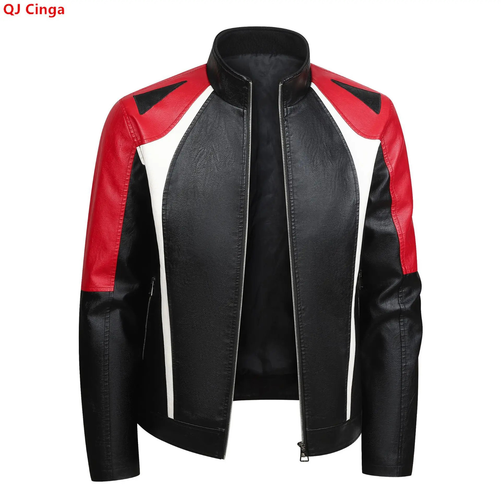 Fall Men's Faux Leather Jacket with Red Black and White Colorblocked Accentsa Stylish Casual PU Coat 261014