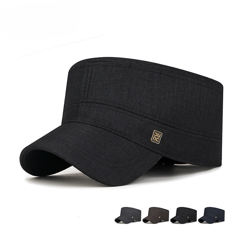 Hat Suitable For All Seasons, Made Of Suit Fabric Flat-top Hat, For Middle-aged Business People With A Metal Square Emblem Classic And Elegan Curved