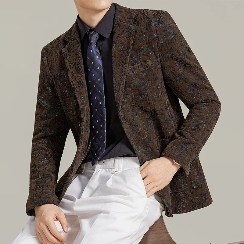 Korean Flocking Jacquard Blazer Hombre Quality Business Casual Formal Wear Two Buttons Blazers Jacket Slim Fit Men's Suit Coats 261014