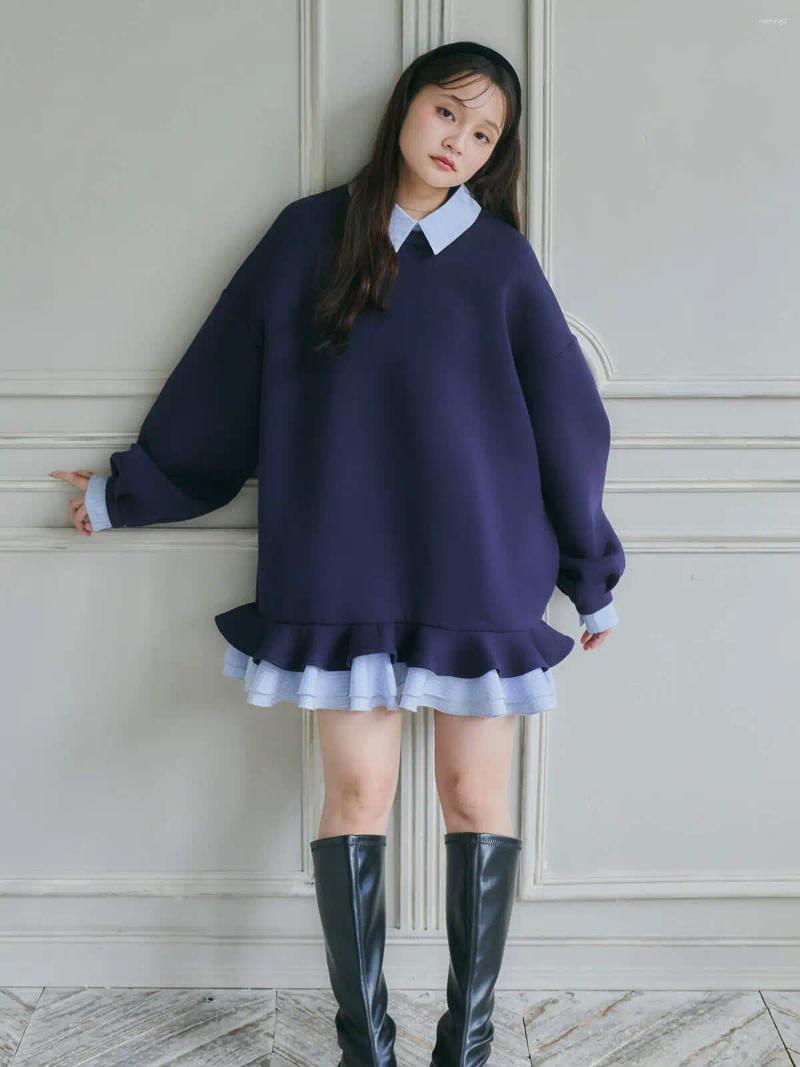 Loose Fitting Heavy Embroidery Sweatshirt Dress Short Skirt Turn Down Collar Tapered Hemline Patchwork Spring Autumn Winter N...