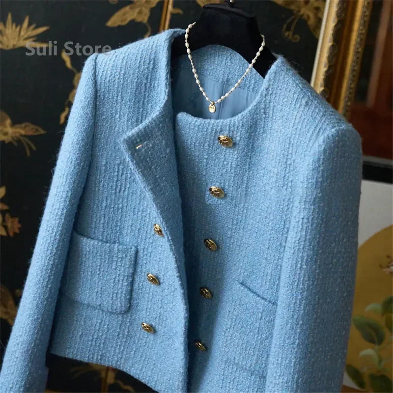 Early Autumn Slimming Tweed Style Socialite Jacket Women's European Vintage Fashion Crew Neck Short Jacket 261014