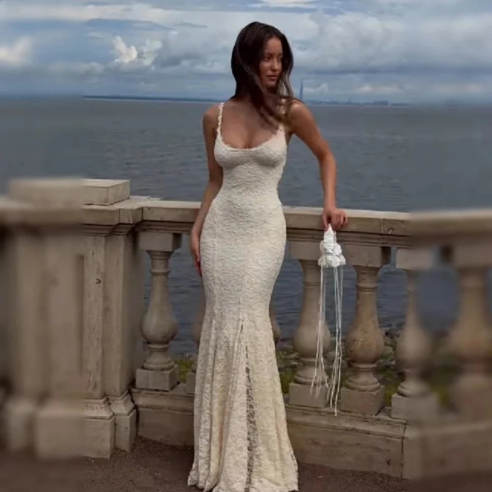 Suninheart Elegant Lace Mermaid Maxi Dress Spaghetti Strap Backless Evening Gown with for Wedding Party Beach Vacation 261017