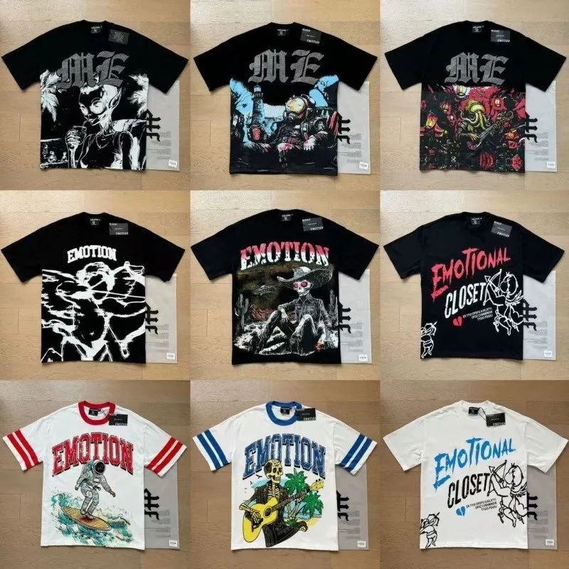 High Quality Designer MIXED EMOTION Long sleeved T shirt cotton men's and women's Vintage Printed High Street Trendy Fashion Hip Hop T shi