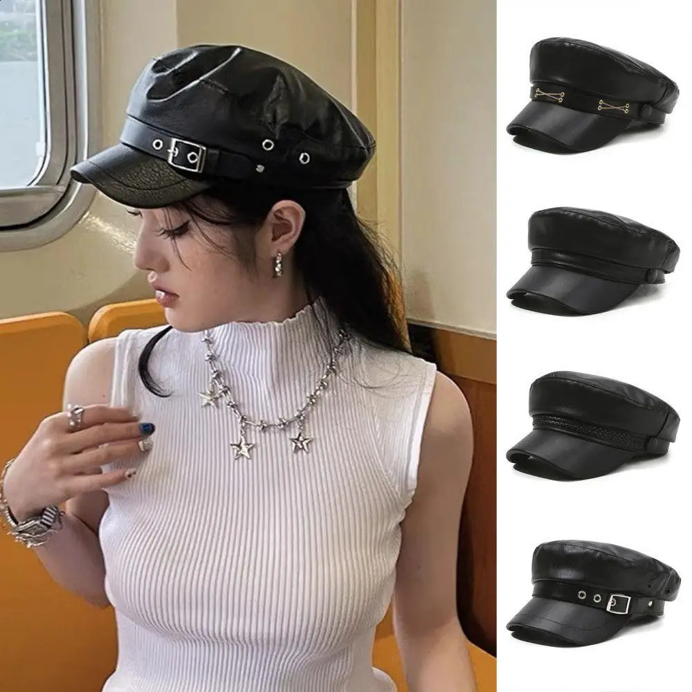 Autumn And Winter Versatile Beret Retro Flat Top Visor Adjustable Black Painter Hat Fashion PU Leather Beret Hat Octagonal Cap261016