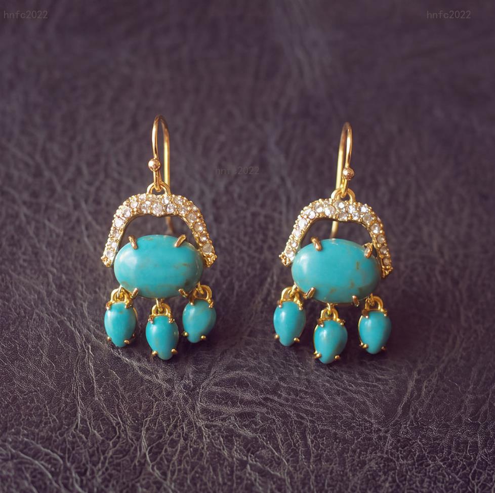 New Designed women luxury Hoop Earrings Retro tassel natural turquoise Earring Ear studs copper plated gold Cai Designer Jewelry