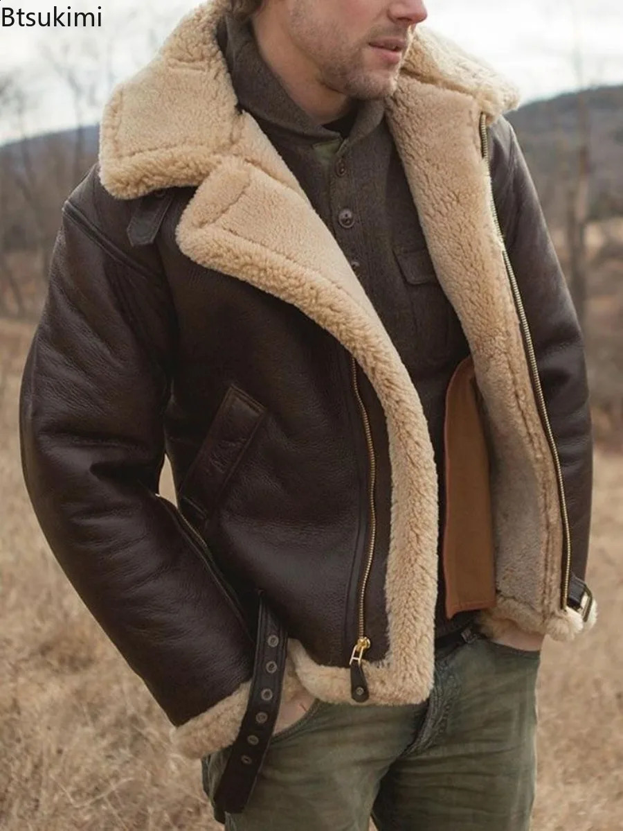 2026 Men's Winter Plush Leather Jacket Fashion Integrated Fur Thickened Warm Long Sleeve Cardigan Coats Leisure Versatile 260928