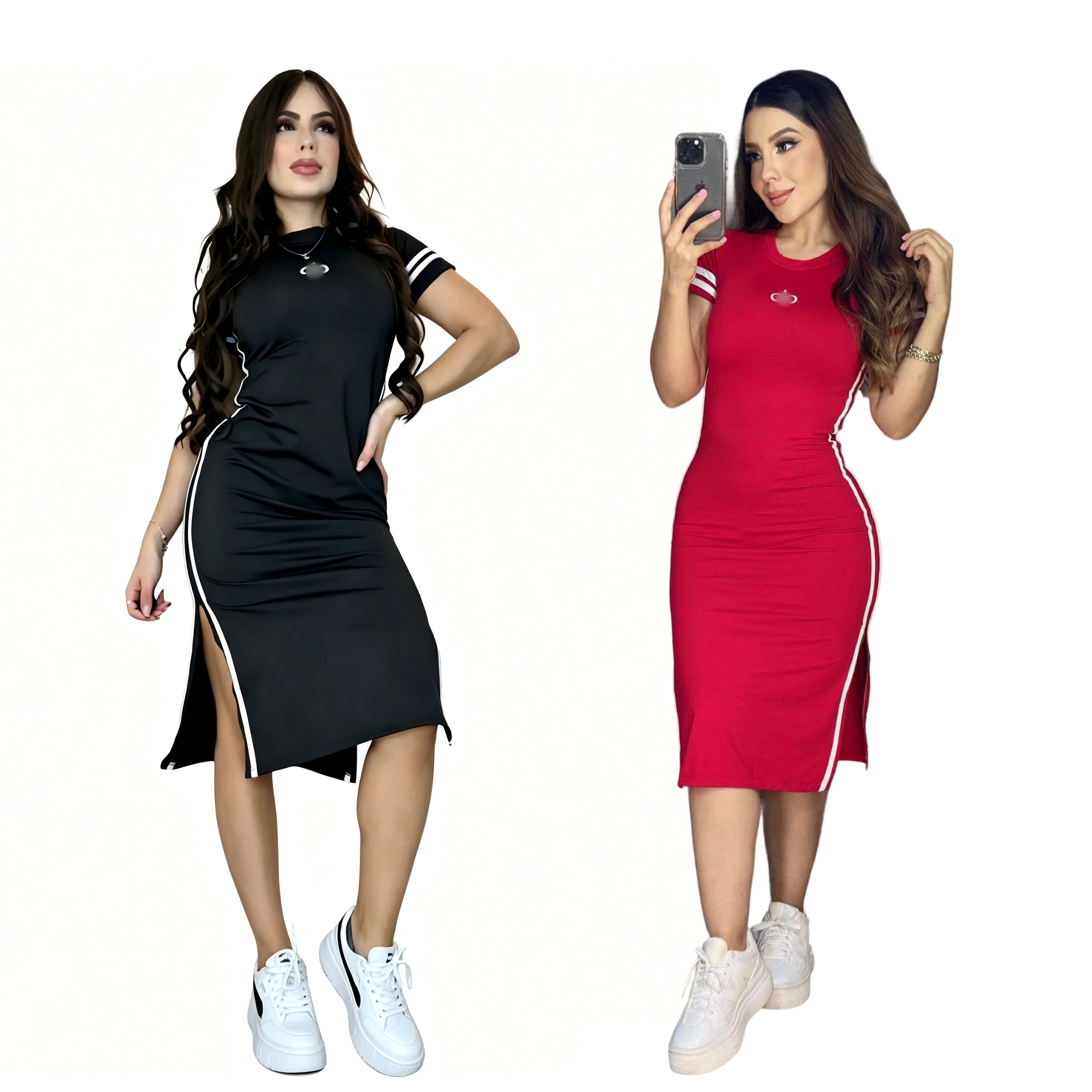 Women Midi Bodycon Dress Short Sleeve Round Neck Striped Side Split Dress Casual Slim Fit Summer Pencil Dress For Daily Wear