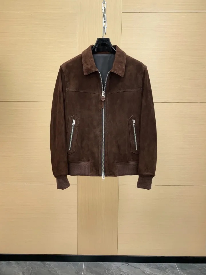 TF Men's Old Money Style 26 Autumn Winter Zipper Soft Mixed Sheepskin Leather Lapel Bomber Jacket Coat 261010
