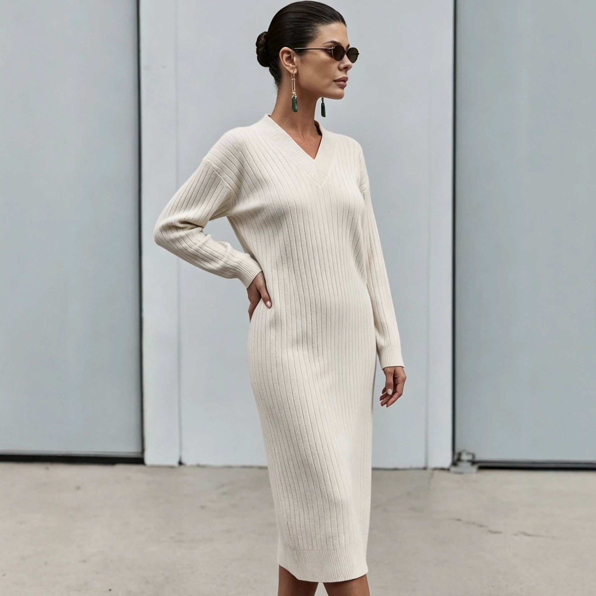 Warm midi knitted, cross-border, new autumn/winter style, best-selling long dress, versatile, loose-fitting, casual knit sweater dress for women