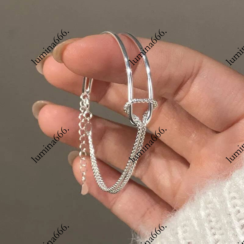 Genuine 925 Sterling Silver Double Layer Chain Knot Bracelet Bangle For Women Fine Jewelry