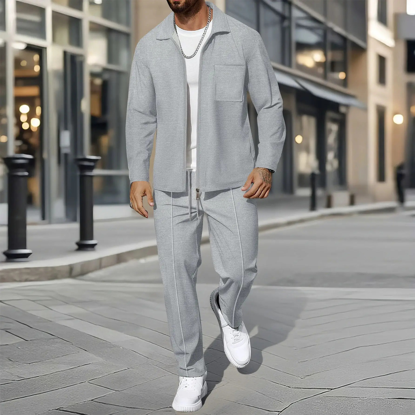 Men's Business Casual Two-Piece Set Spring Autumn Waffle Zippered Shirt Coat And Trousers Trendy Fashionable Outfit 261013