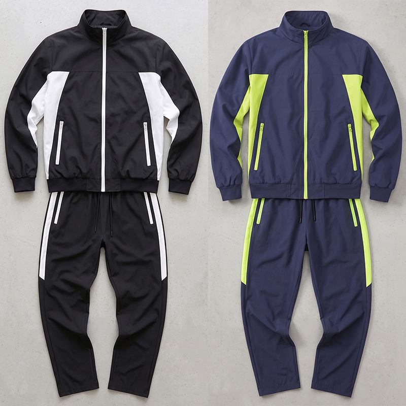 Men's Colorblock Patchwork Sports Set Windproof Stand Collar Jacket Zip Up Coat Outwear Tops Pants Trousers with Zipper Pockets for Men