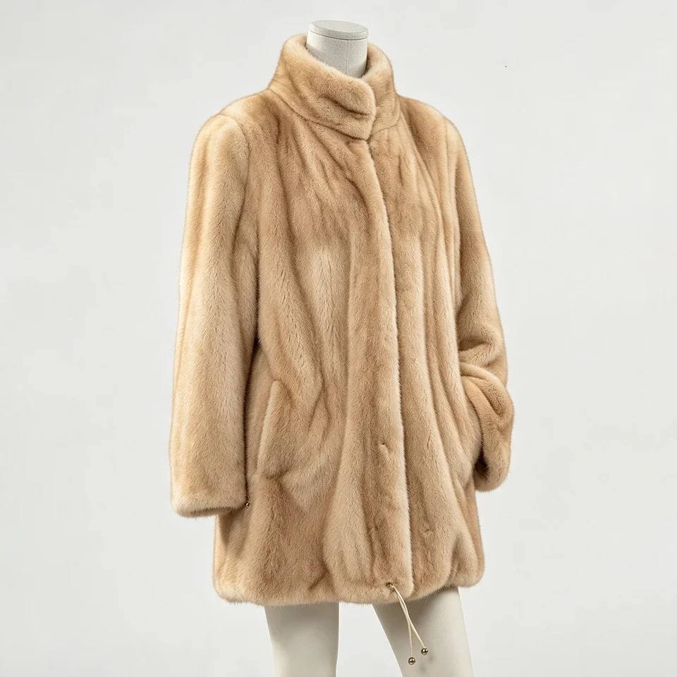 Women Faux Mink Fur Coat Stand Collar Loose Midlength Jacket Drawstring Hem Warm Artificial Outerwear Winter Fashion Ladies 261016