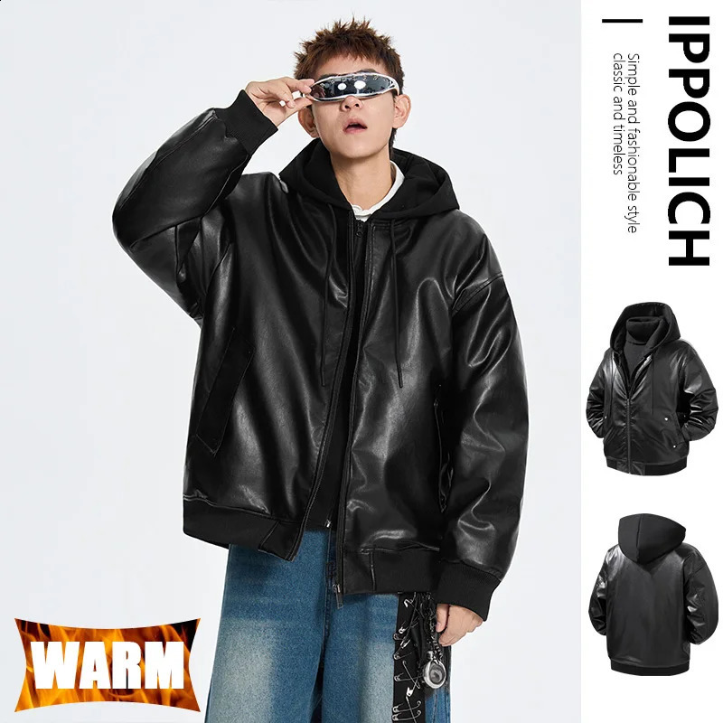 Men Winter Jacket PU Leather Hooded TwoPiece Thick Warm Loose Cotton Coat Windproof Parkas Outerwear 261014