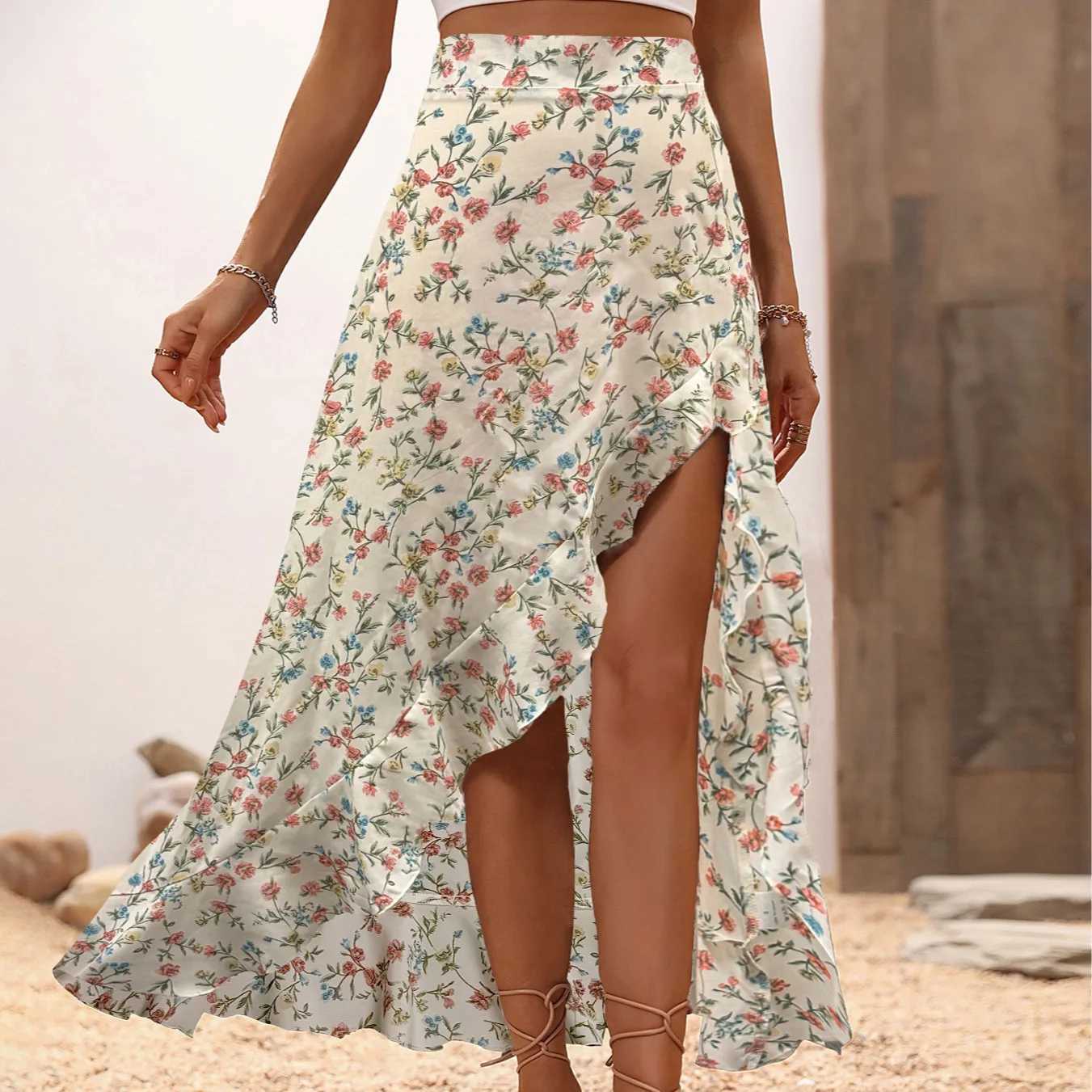 2026 New Summer Women Skirts Skirt High Waist Asymmetrical Elastic Waist Slit A-LINE Print Skirt Women Skirts for Women Faldas Q4422 W261017