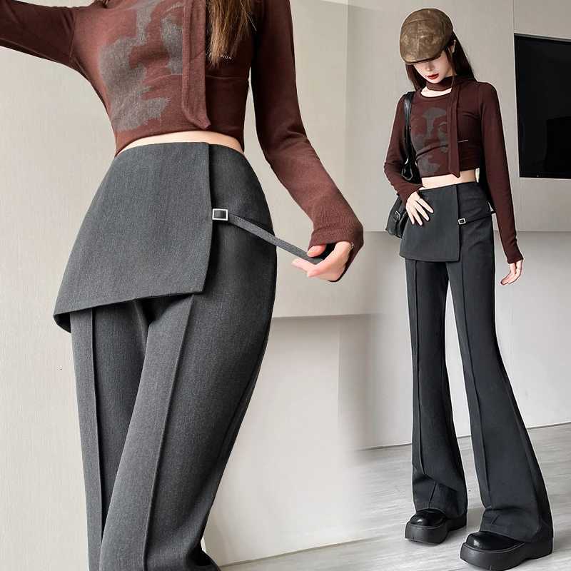 Pants Capris Women's Leggings Women's Gray Irregular High Waist Fake Two Pcs Flare Suit Pants Loose New Trousers Women Fashion Tide Spring