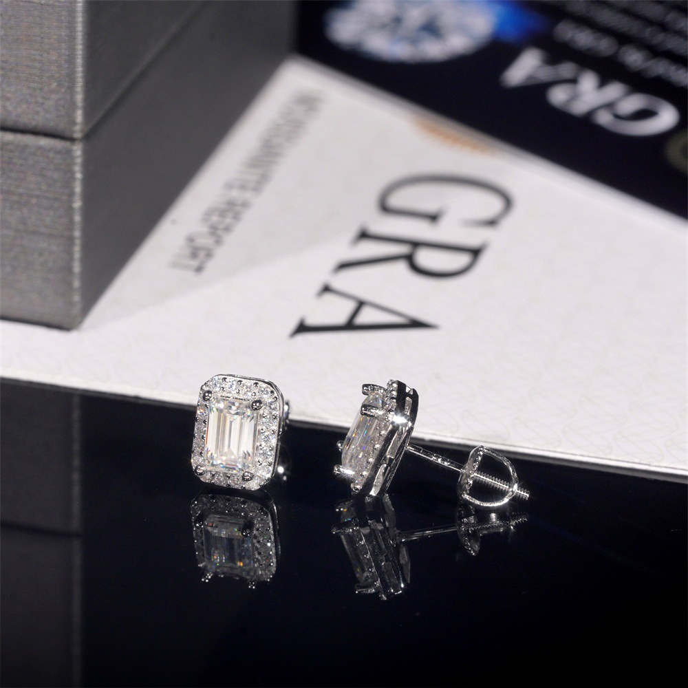 minimalist high-end style 7*9mm rectangular S925 silver inlaid with moissanite hip-hop earrings
