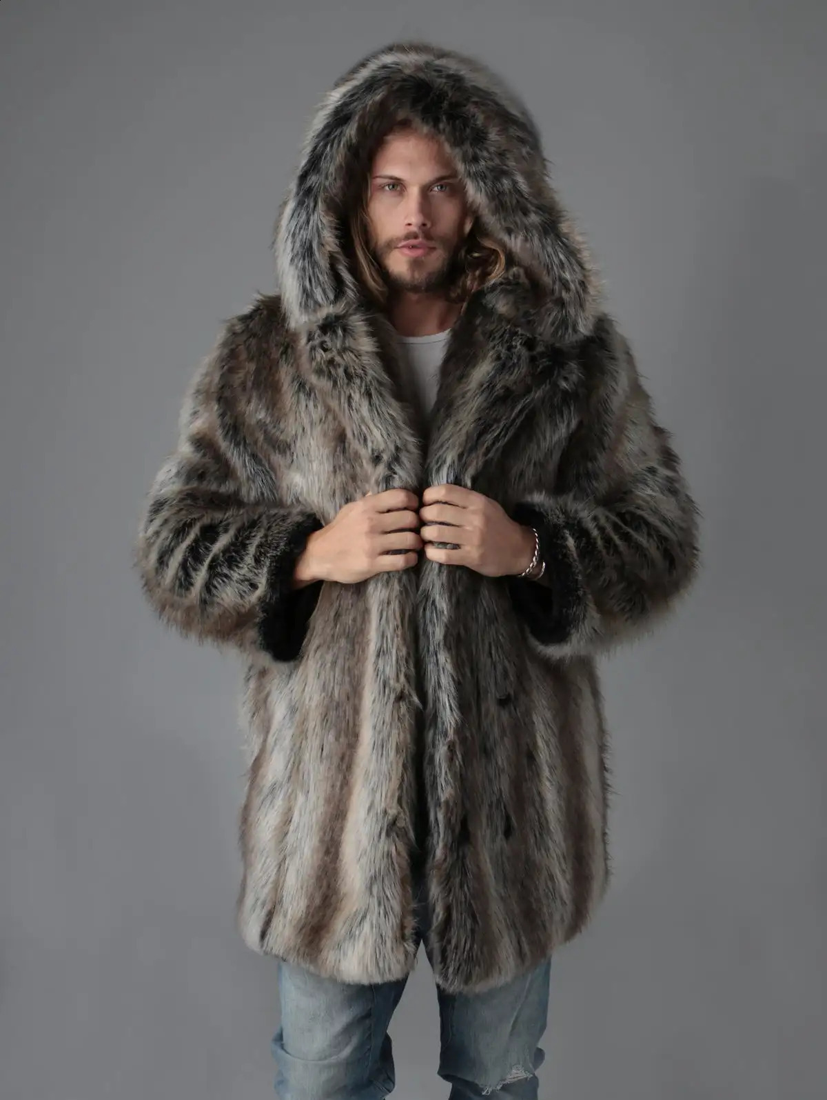 Selling Men's Thick Hooded Personality Winter MidLength Coat High Quality Faux Fur 261012