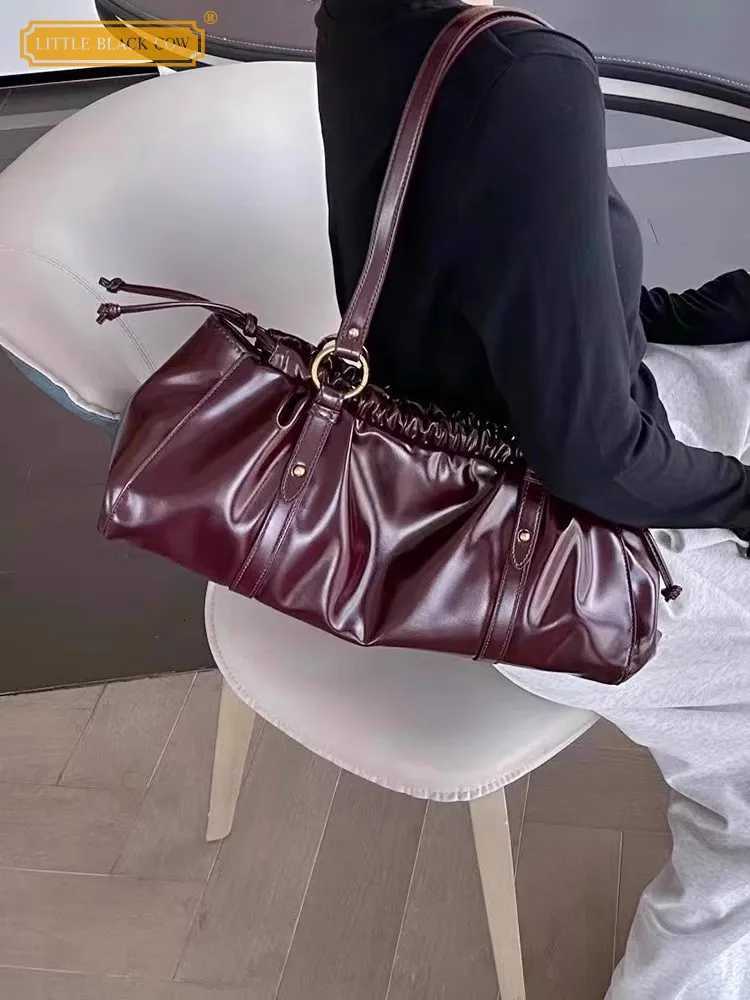 Evening Bags Elegant Women Underarm Bag Pleated Hasp Hobos Office Ladies Work Shoulder Bag Vintage Cow Split Leather Bags New Totes Handbag H261016