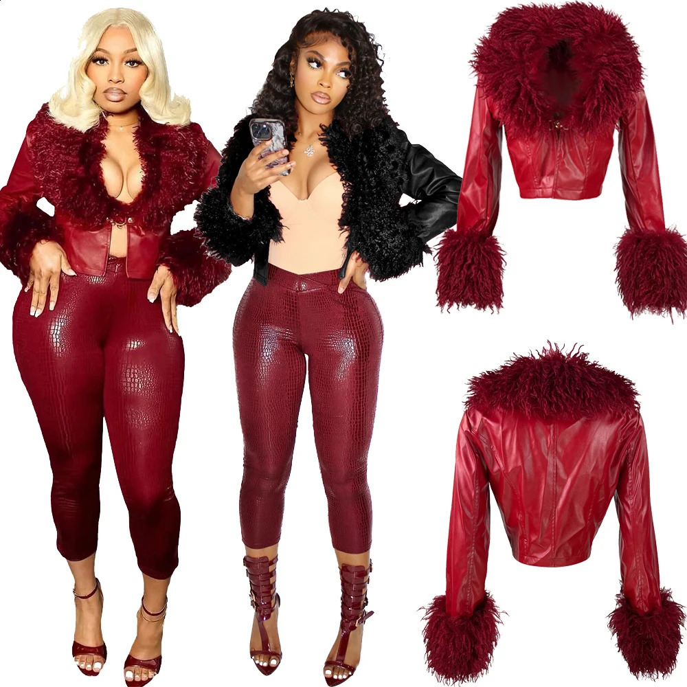 Autumn Winter PU Leather Cropped Jacket with Faux Fur Collar Women Casual Long Sleeve Buckle Coats Fashion Female Streetwear 261017