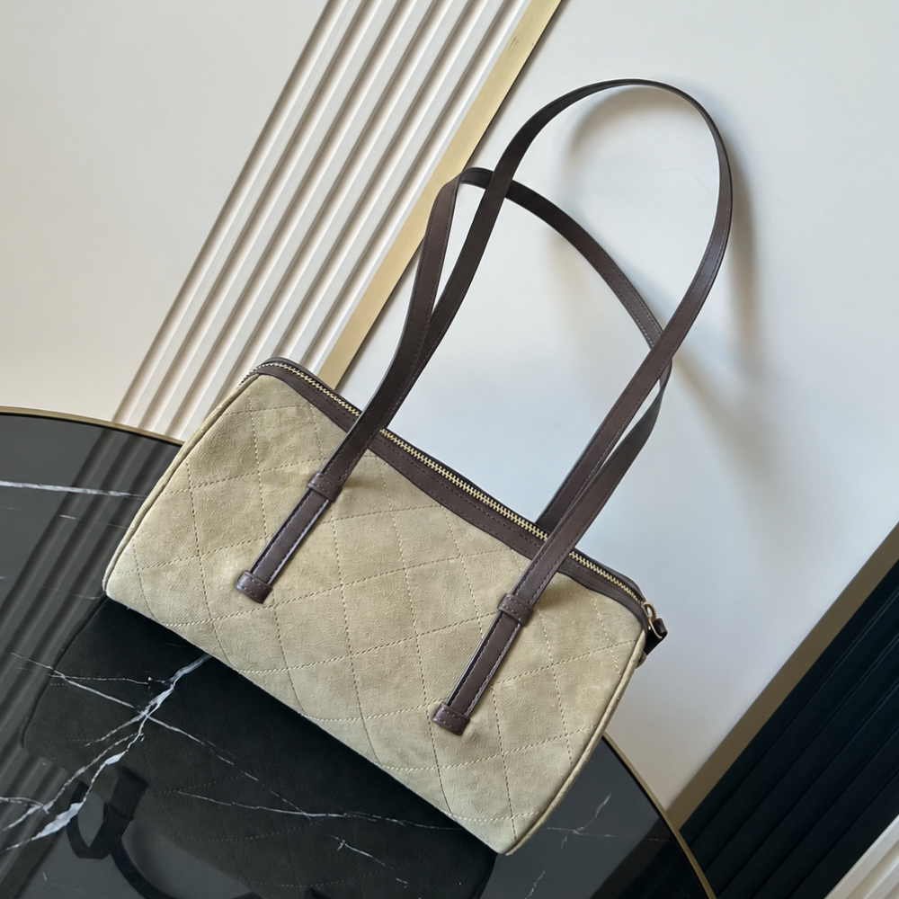 Quilted Suede Bowling Bag Double Leather Shoulder Straps Zipper Elegant for Shopping Top-Tier Designer New Arrival