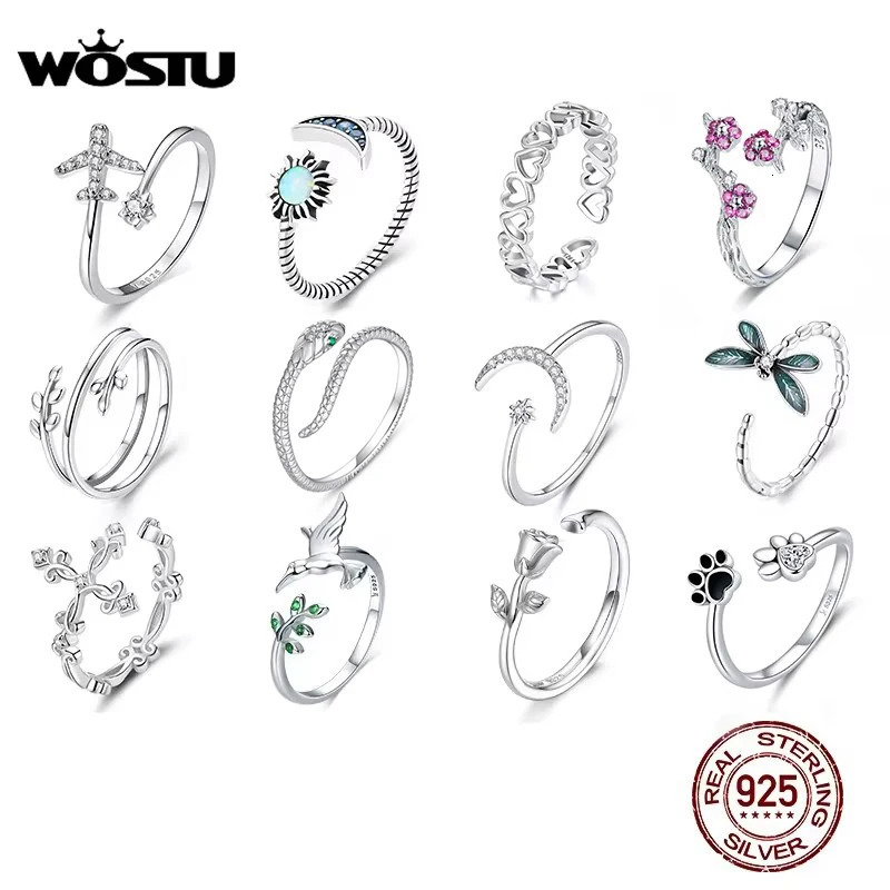 WOSTU Adjustable Rings 925 Sterling Silver Stackable Engagement Zircon Open Size For Women Female Original Jewelry 261017