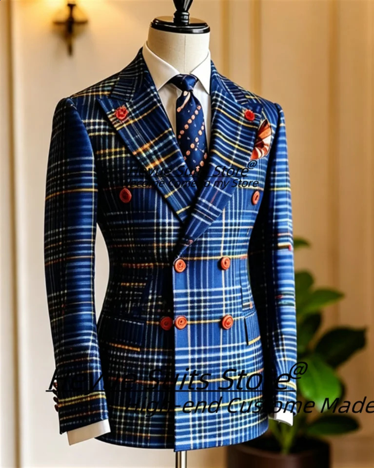 Customized Plaid Double Breasted Groom Wedding Tuxedos Business Slim Fit Lapel Men Suits 2 Pieces Sets trajes para hombre 261012