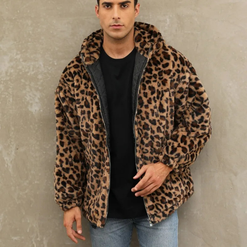 WHXR Man Winter Faux Fur Thicken Warm Leopard Print Male Jacket Outdoor Casual Loose Long Sleeve Zipper Men Outerwear 261012
