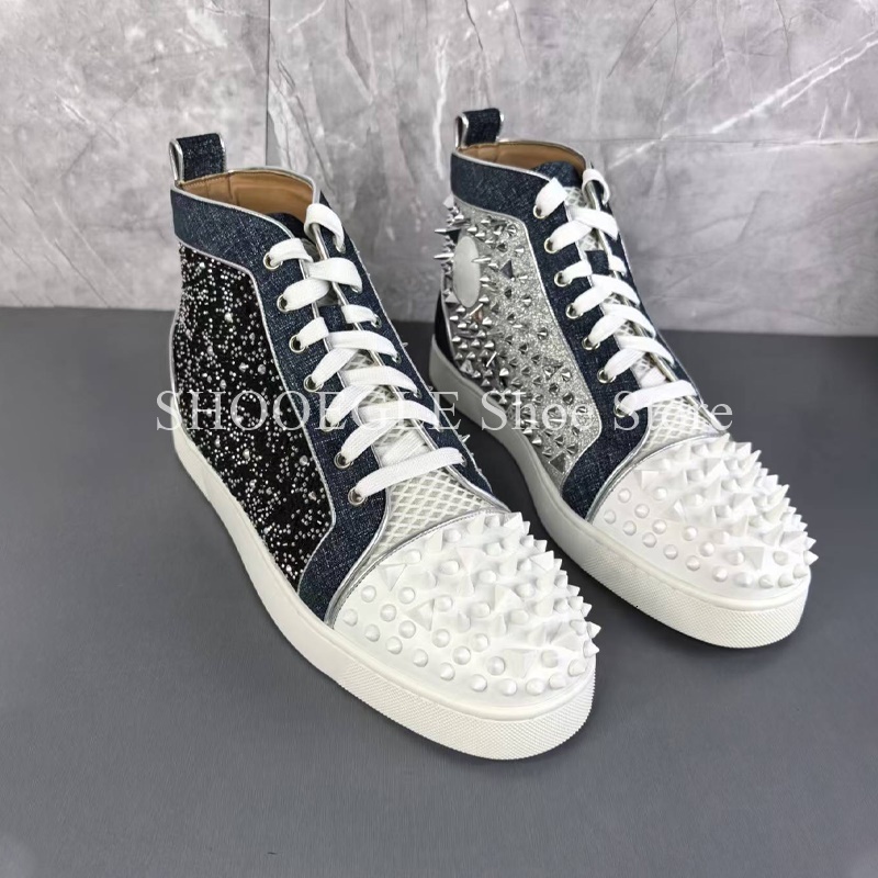 Rivet Patchwork Casual Sneaker Round Toe Lace-Up Men Genuine Leather New Style Comfort Autumn High Top Flat Shoes