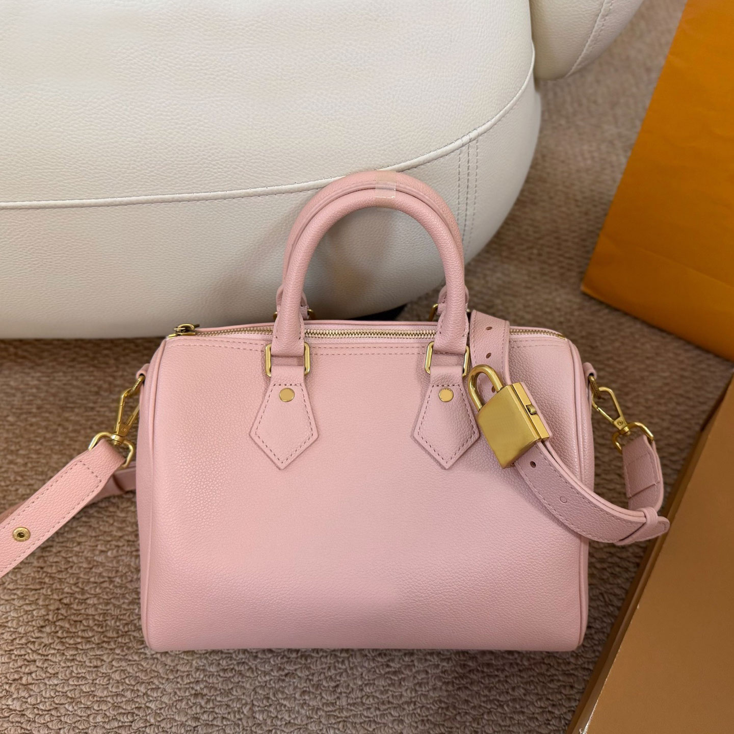 Boston Bag Women Pillow Bag Bowling Top Handle Leather Crossbody Shoulder Handbag Wide Strap Zipper Padlock Versatile Vintage Satchel Purse
