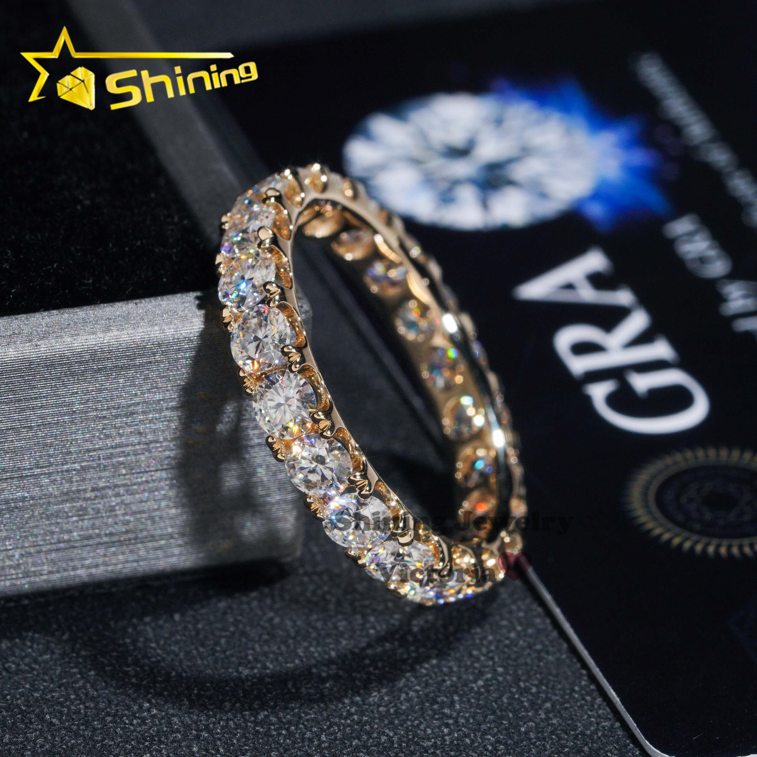 Luxury 3MM 10K 14K 18K Solid Gold Moissanite Diamond Eternity Engagement Ring Iced Out VVS Round Brilliant Cut Band Rings Women