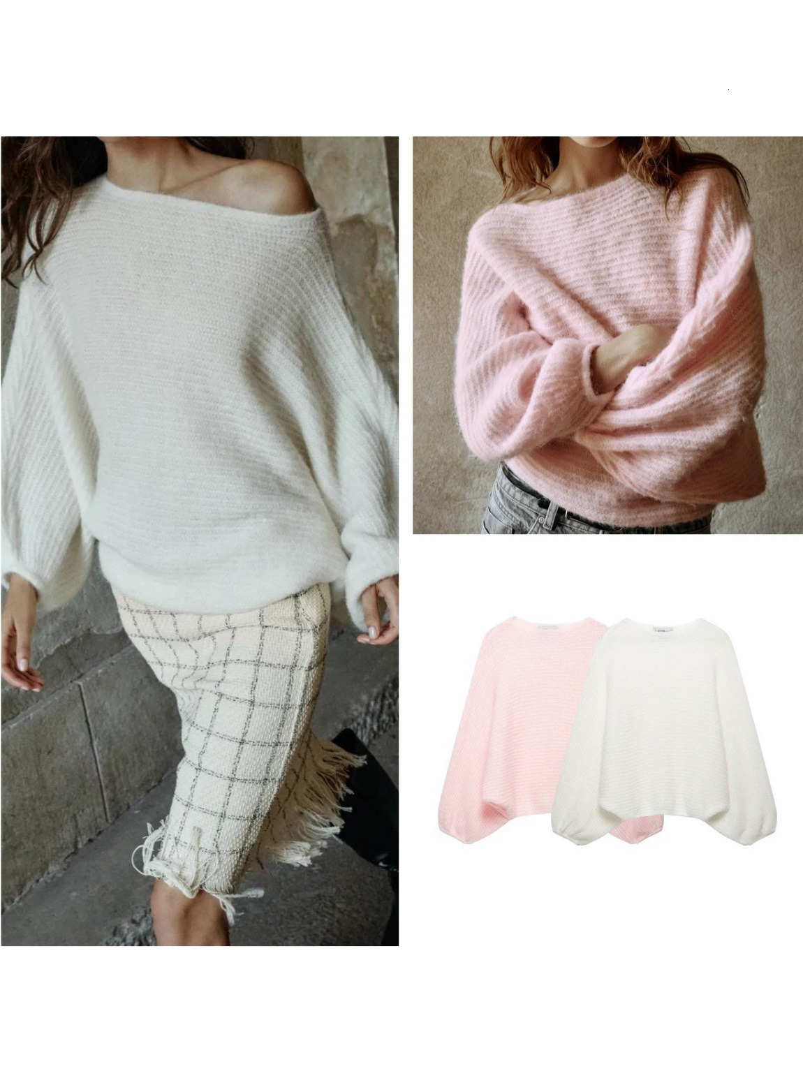 Women Off Shoulder Fuzzy Knit Sweater Long Sleeve Loose Soft Fluffy Pullover Autumn Winter Casual Solid Color Knitted Jumper