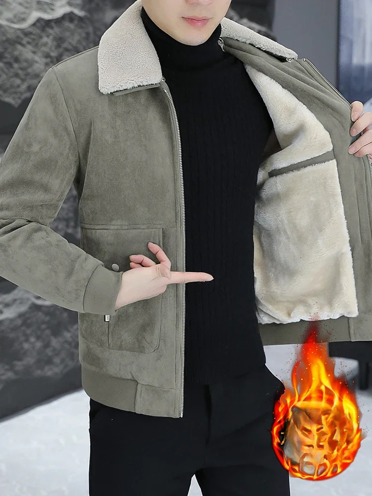 2024 Men's Autumn Winter Fashion Leisure Plus Velvet Jackets Male Lapel Faux Fur Overcoats Men Slim Fit Pockets Coats G644 261012
