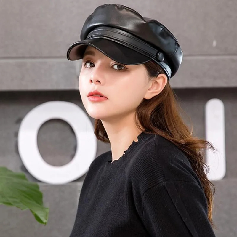 Fashion Unisex PU Leather Military Caps Spring Autumn Sailor Hats for Women Men Black Grey Flat Top Captain Cap Travel Cadet Hat261016