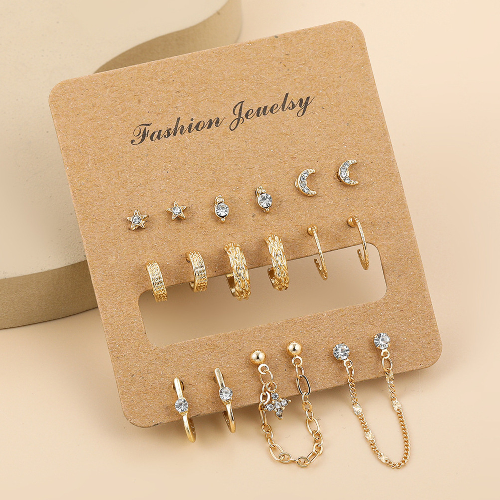 2026 Diamond-Studded Star Moon Earrings Studs 9-Piece Set, European And American Cross-Border Cuffs, Xiyin Ear Accessori L2