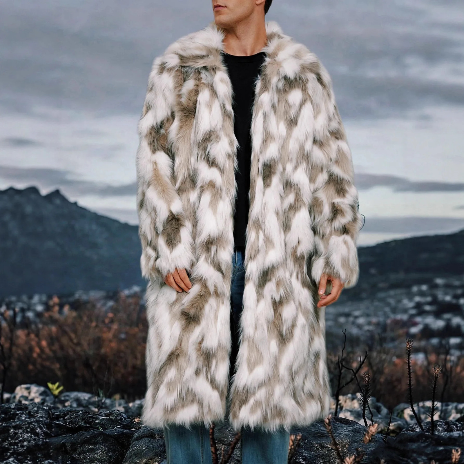 Men Faux Fur Coats Long Jacket Turn Down Collar Sleeve Open Stitch Thick Warm Loose Casual 2025 Autumn Winter 261013