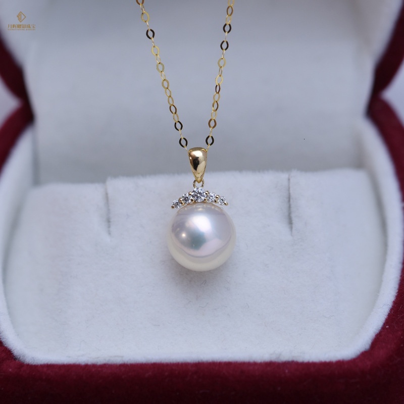 G18K Gold Freshwater 9-10mm White Round High-Luster Near Flawless Pearl Pendant Necklace Women's Long Tassel Accessory