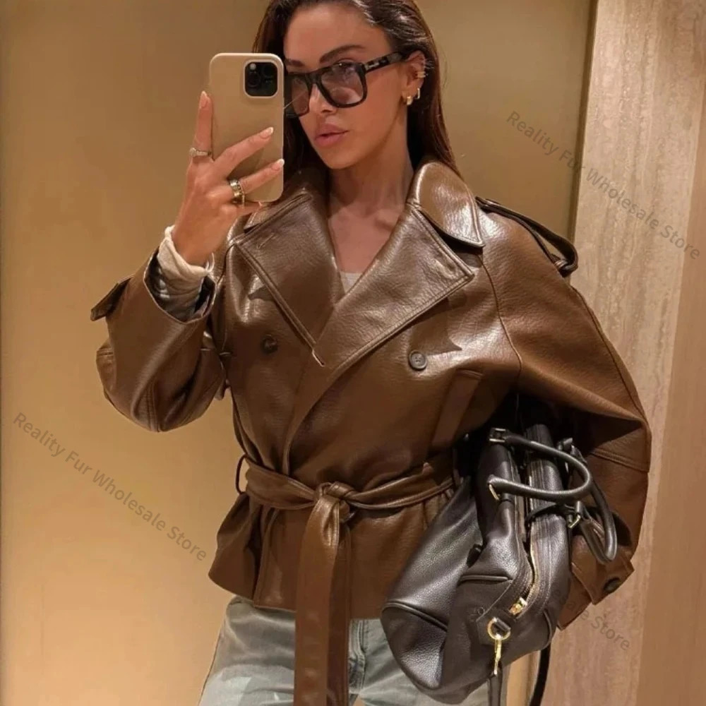 Brown Leatherette Coat Y2k Women's Fashion Faux Leather Jacket Spring Autumn 2026 PU Korean Reviews Many Outer 261009