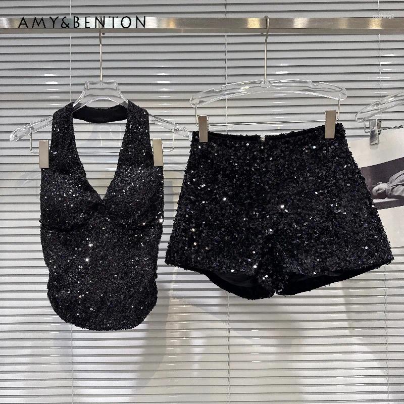 Sexy Girl Bead Halter Black V-neck Women's Vest 2026 Summer Fashion Heavy Industry Design Sequin Shorts Suits Ladies