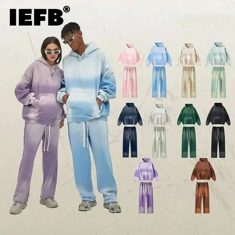 IEFB Washed Male Hoodies Two Piece Set Thickened Tie-dyed Men Wear Hooded Sweatshirt Straight Sweatpants Suit American 9W117 261013
