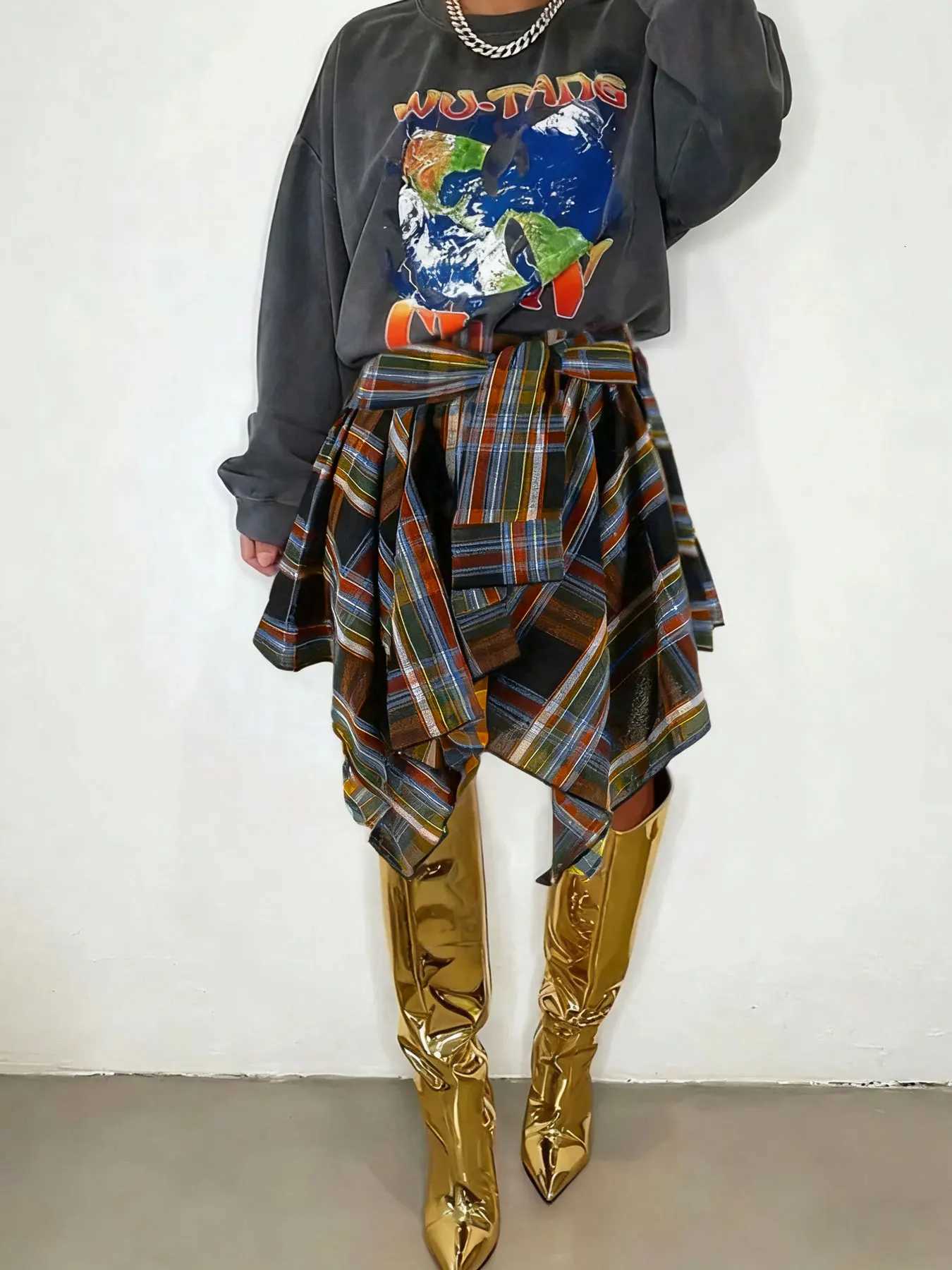 Women's Fashion Plaid Print Skirts Asymmetrical Hem High Waisted Skirt Summer Clothes Women Casual Elastic Waist Tiered Layer Knee Len W261017