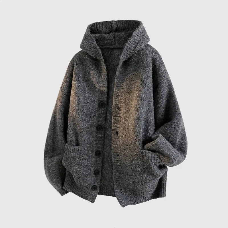 WHXR Hooded Sweater Men Autumn Loose Solid Singlebreasted Male Knitted Coat Simple Long Sleeve Pocket Man Casual Cardigans 261012