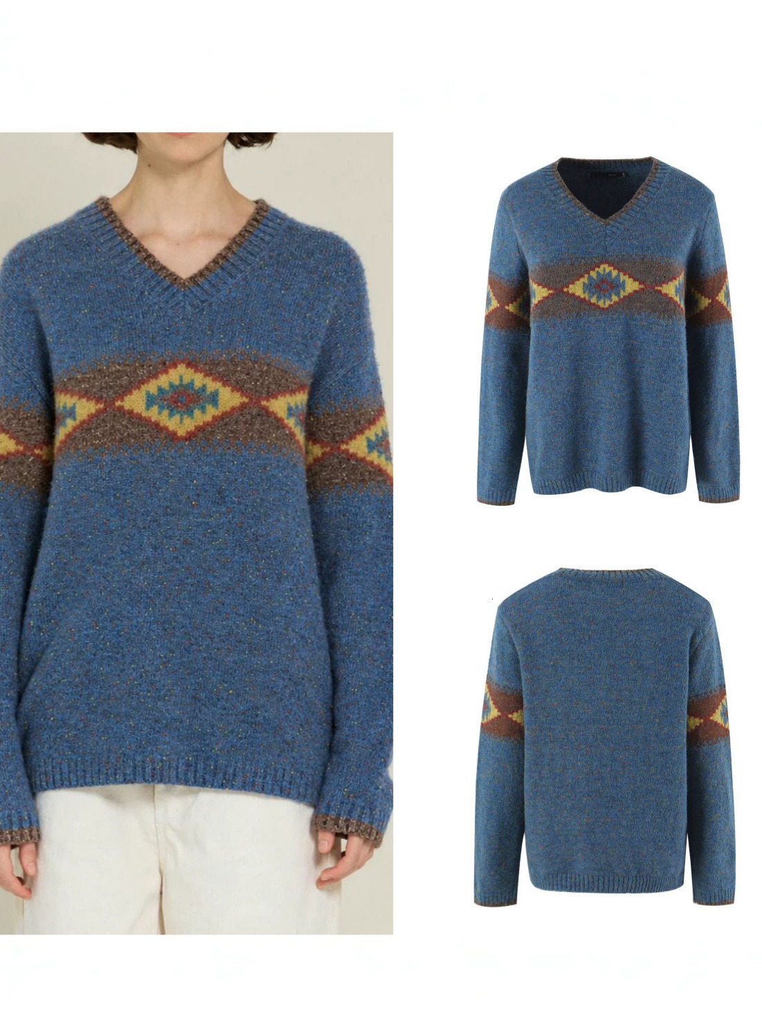 New autumn/winter collection: American preppy style, gentle and flattering knit sweater with a retro diamond-patterned V-neck