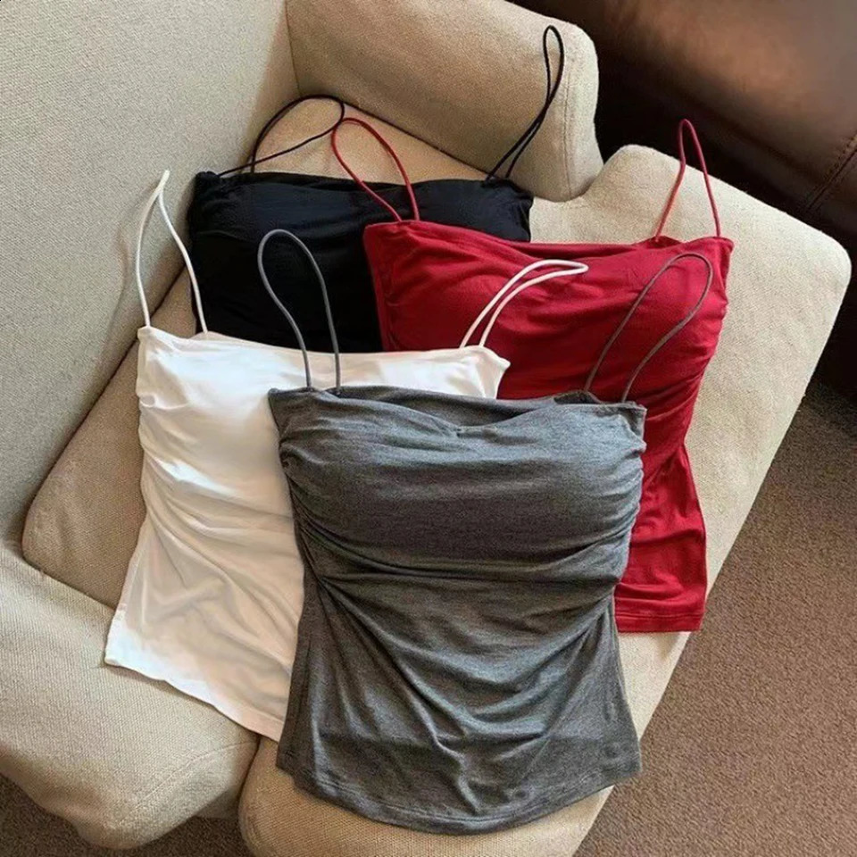 1pc Tank Top Women With Built In Bra Strap Casual Sexy Female Spaghetti Vest Solid Color Summer Suspender Belt 261016