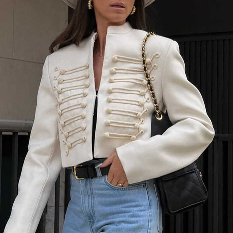 Designer Womens White Crop Blazer Braided Frogging Knot Stand Collar Military Style Luxury Short Jacket Outwear
