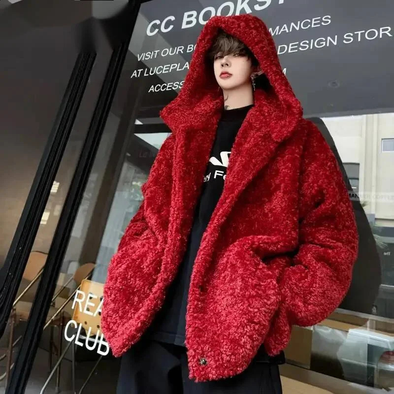 Hooded Lamb Wool Faux Fur Male Jacket Fashion Solid Color Single Breasted Short Shearling Coat Autumn BVGY6 261012