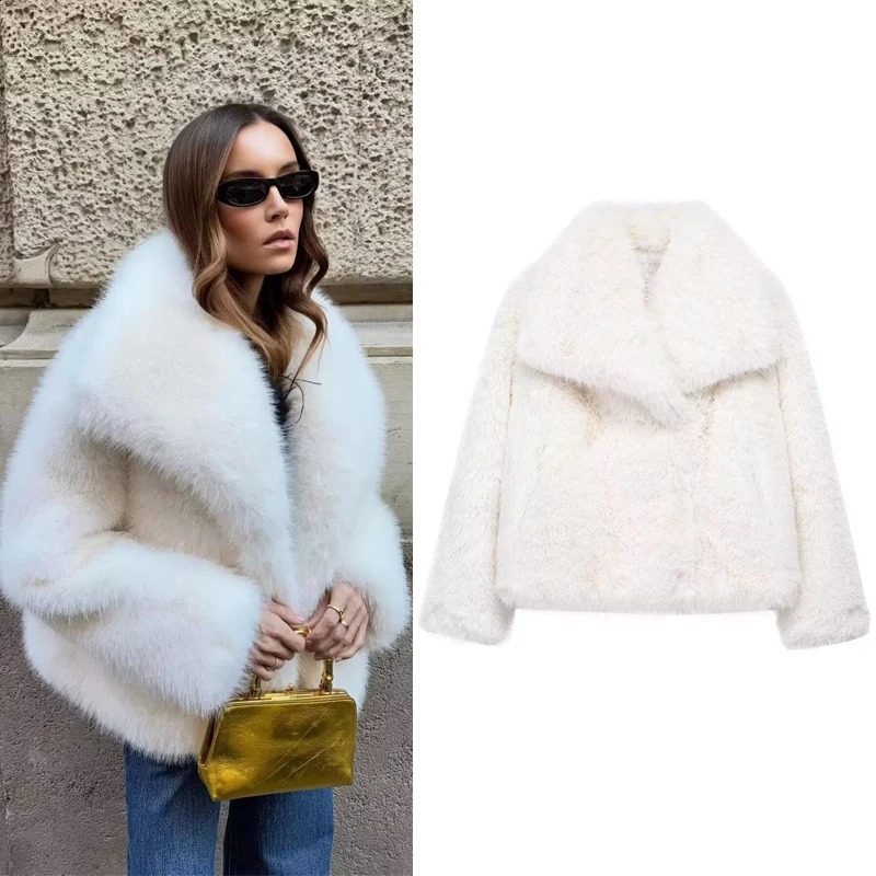 HXAO White Faux Fur Coat 2024 Woman in coats Autumn Winter Plush Fluffy Jacket Warm Red Gray Black Outerwears 261016