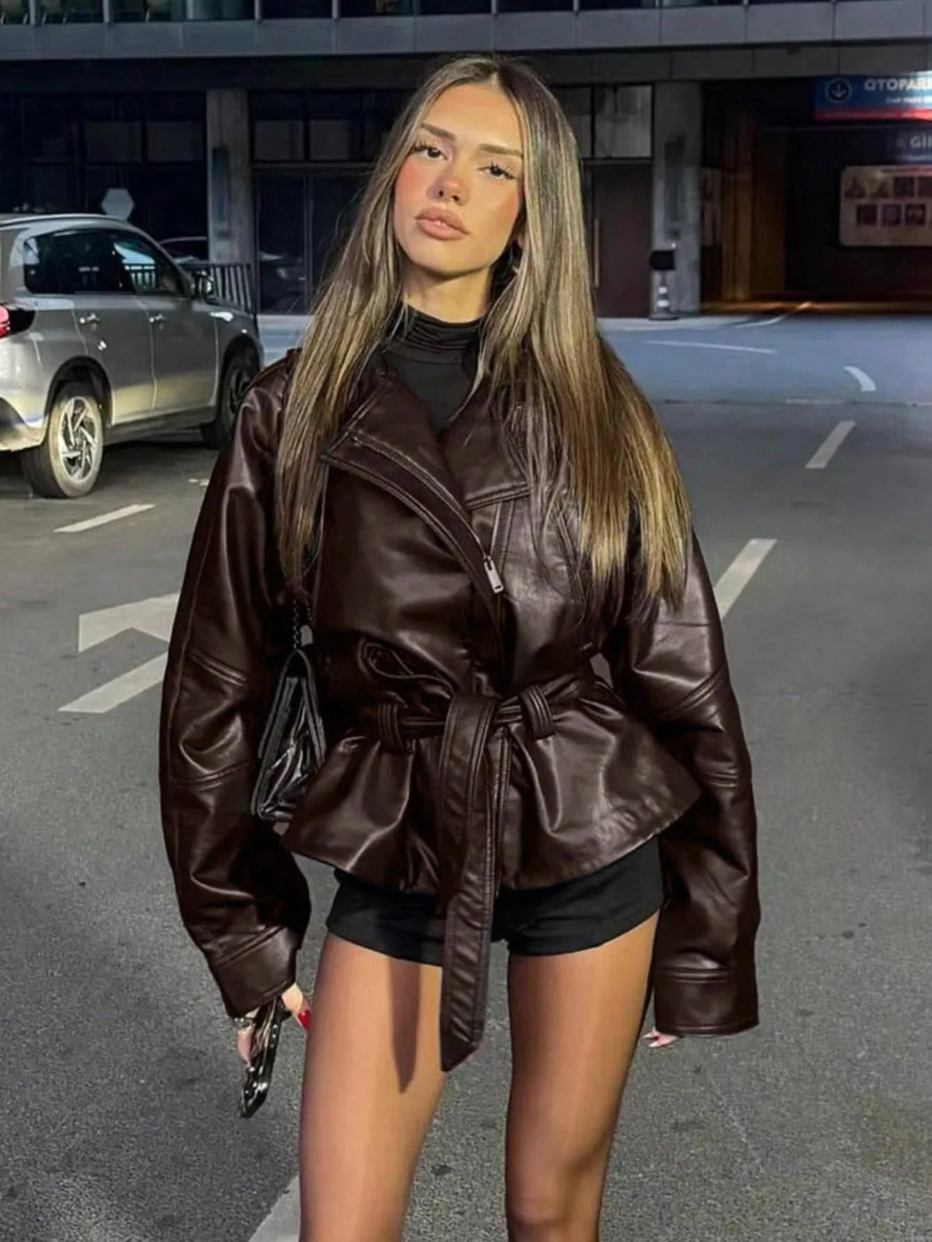 Women's slimming belt short leather trench coat black jacket 261015